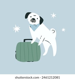 Vector illustration of a dog with suitcase, handbag. Vacation, journey vibe. Dog travel concept