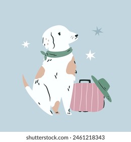 Vector illustration of a dog with suitcase, handbag. Vacation, journey vibe.