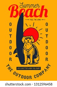 Vector illustration of a dog with sunglasses standing near surfboard ready to surf in the sunset beach 