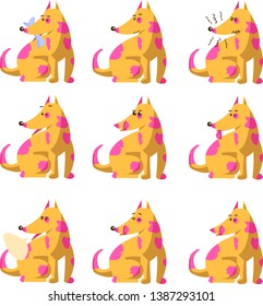 Vector illustration. Dog in trendy cartoon style. Dog sitting. Isolated on white
