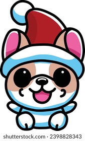 Vector illustration of a dog wearing a Christmas outfit, a Santa hat, and smiling happy. It is suitable for stickers and icons.