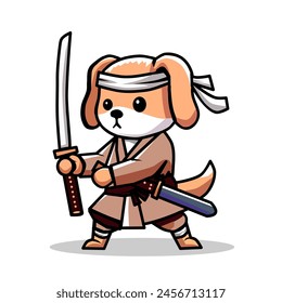 vector illustration of a dog wearing samurai clothing carrying a sword in a cartoon, minimalist and flat style isolated on a white background