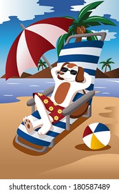 A vector illustration of dog wearing sunglasses relaxing on the chair at the beach