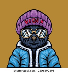 Vector illustration of a dog wearing a warm winter hat and glasses.