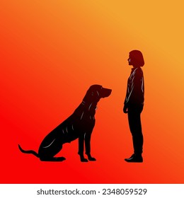 Vector illustration of dog and woman facing each other in black on red orange background