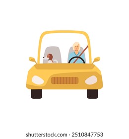 Vector illustration of dog and woman traveling together by car, yellow color. Traveling with pets. Road trip concept with pets. Flat cartoon style on isolated background.