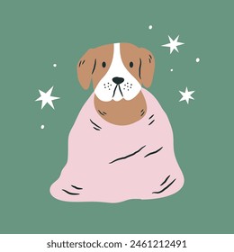 Vector illustration of a dog wrapped in blanket. Vacation, journey vibe.