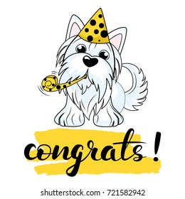 Vector illustration of a dog Yorkshire terrier decorated with a birthday cap on her head. with hand draw lettering congrats. Vector illustration for greeting card, poster, or print on clothes