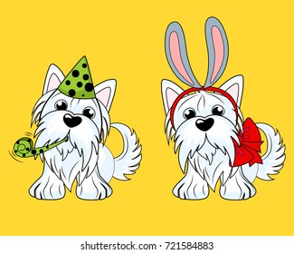 Vector illustration of a dog Yorkshire terrier decorated with a birthday cap on her head and dog with ears of a hare. Vector illustration for greeting card, poster, or print on clothes