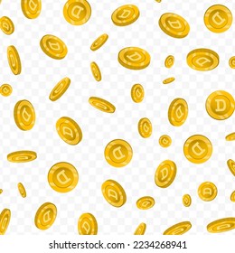 Vector illustration of Dogecoin currency. Flying gold coins on transparent background (PNG).