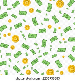Vector illustration of Dogecoin money. Random pattern of banknotes and coins in green and gold colors on transparent background (PNG). 