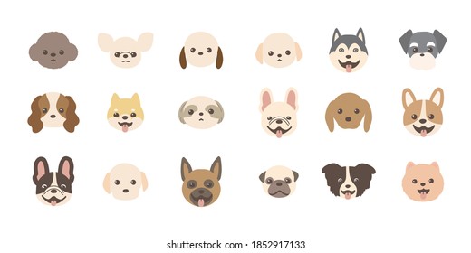 The vector illustration of dogs faces. various types of dogs.