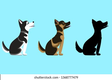 Vector illustration of dogs sitting and looking up. German Shepherd Dog, Siberian Husky, dog silhouette. cute playful  pet