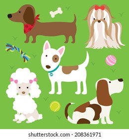 Vector illustration of dogs with toys.