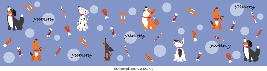 Vector illustration of dogs and treats. Dalmatian, Corgi, Dachshund, Bernese Mountain Dog, Bull Terrier. Different bones for dogs.