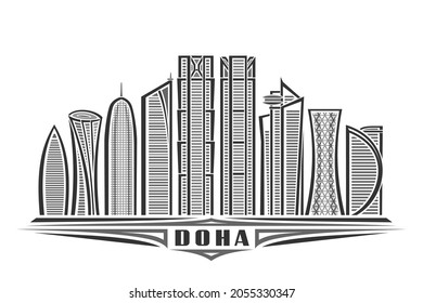 Vector illustration of Doha, monochrome horizontal poster with linear design famous doha city scape, urban line art concept with unique decorative lettering for black word doha on white background.