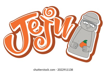 Vector illustration of dol hareubang stone statue of Jeju-do in Korea with the handwritten word - Jeju. Sticker, label, logo, panner, or poster template. EPS10