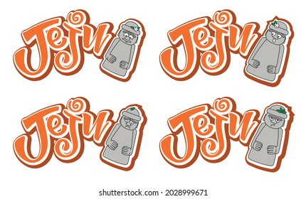 Vector illustration of dol hareubang stone statue of Jeju-do in Korea with the handwritten word - Jeju. Sticker, label, logo, panner, or poster template. EPS10