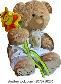 vector illustration of doll, bear with sunflower,