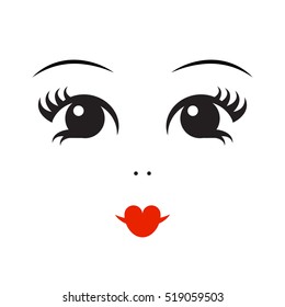 Vector illustration of doll face on white background. Simple concept elements for design. Black eyes and red lips. Flat objects. Elements for card, wallpaper, banner, print.