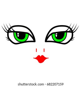 Vector illustration of doll face on white background. Simple concept elements for design. Green eyes and red lips. Flat objects. Elements for card, wallpaper, banner, print.