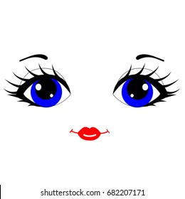 Vector illustration of doll face on white background. Simple concept elements for design. Blue eyes and red lips. Flat objects. Elements for card, wallpaper, banner, print.