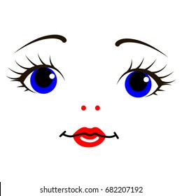 Vector illustration of doll face on white background. Simple concept elements for design. Blue eyes and red lips. Flat objects. Elements for card, wallpaper, banner, print.