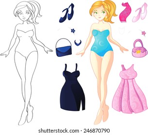 Vector illustration doll paper game clothing blonde casual style