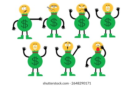 Vector illustration of a dollar bag mascot character with a coin head and various funny facial expressions, including sick, angry, surprised, and excited.