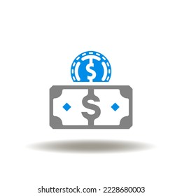 Vector illustration of dollar banknote and coin. Symbol of financial resources, money, currency. Icon of cash.
