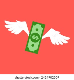 Vector illustration of a dollar bill flying with white wings. A sheet of banknotes isolated on a red background. Concept of investment, spending and loss of savings.