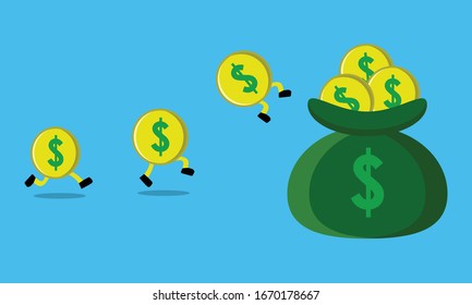 Vector illustration of a dollar business cartoon walking towards the wallet until it is fully collected