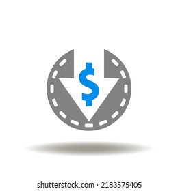 Vector illustration of dollar coin cash with arrow down. Icon of lower costs. Symbol of fee reduce.