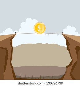 Vector Illustration Of A Dollar Coin Crossing Two Cliffs On A Tight Rope.
