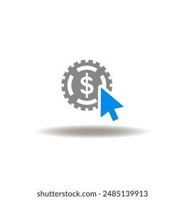 Vector illustration of dollar coin with mouse pointer. Icon of CPC Cost Per Click. Symbol of PPC Pay Per Click.