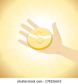 Vector illustration of dollar coin on a hand.