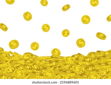 Vector illustration of dollar coins falling from the sky and coins piling up into a mountain.