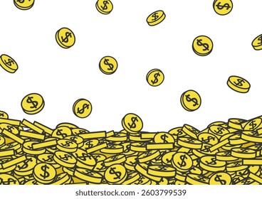 Vector illustration of dollar coins falling from the sky and coins piling up into a mountain.