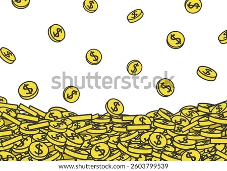 Vector illustration of dollar coins falling from the sky and coins piling up into a mountain.