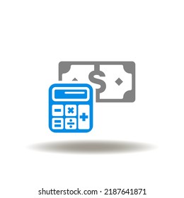 Vector illustration of dollar currency with calculator. Icon of tax calculation. Symbol of annuity.