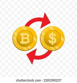 Ilustración vectorial del cambio de moneda en dólares con Bitcoin. Vector de color para el diseño de sitios web .Diseño simple sobre fondo transparente (PNG).