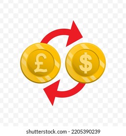 Ilustración vectorial del cambio de moneda en dólares con la libra británica. Vector de color para el diseño de sitios web .Diseño simple sobre fondo transparente (PNG).