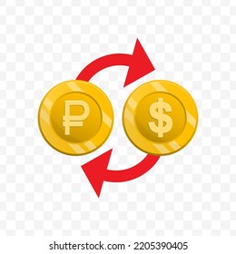 Ilustración vectorial del cambio de moneda en dólares con rublo. Vector de color para el diseño de sitios web .Diseño simple sobre fondo transparente (PNG).