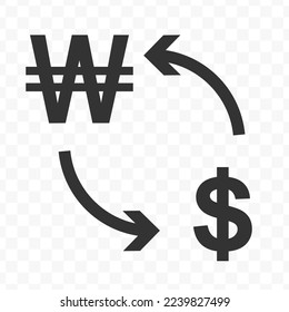 Vector illustration of dollar currency exchange with South Korean won currency. Black icon for website design .Simple design on transparent background (PNG).
