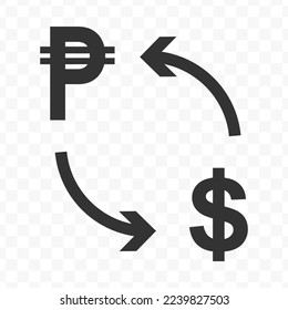 Vector illustration of dollar currency exchange with Philippine peso currency. Black icon for website design .Simple design on transparent background (PNG).