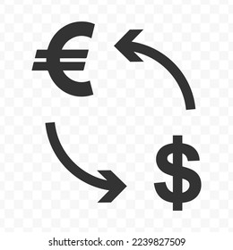 Ilustración vectorial del cambio de moneda en dólares con moneda en euros. Icono negro para el diseño de sitios web .Diseño simple sobre fondo transparente (PNG).