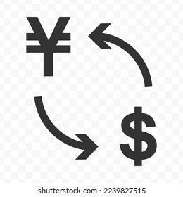 Vector illustration of dollar currency exchange with China Yuan currency. Black icon for website design .Simple design on transparent background (PNG).