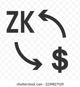 Vector illustration of dollar currency exchange with Zambia Kwacha currency. Black icon for website design .Simple design on transparent background (PNG).