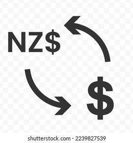 Vector illustration of dollar currency exchange with New Zealand Dollar currency. Black icon for website design .Simple design on transparent background (PNG).