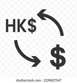 Ilustración vectorial del cambio de moneda en dólares con la moneda en dólares hongkoneses. Icono negro para el diseño de sitios web .Diseño simple sobre fondo transparente (PNG).